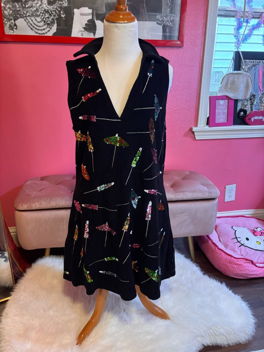 QUEEN OF SPARKLES Black Mini Dress with Multicolor Sequin Cocktail Umbrellas